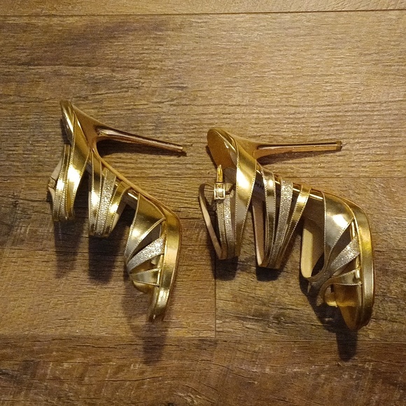 Jimmy Choo Metallic Gold Leather and Coarse Glitter Cage Open Toe Sandals 😘 - Picture 5 of 12